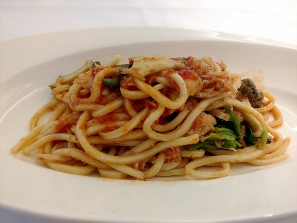 Homemade Pasta with Abalone and Snow Crab in Tomato Sauce